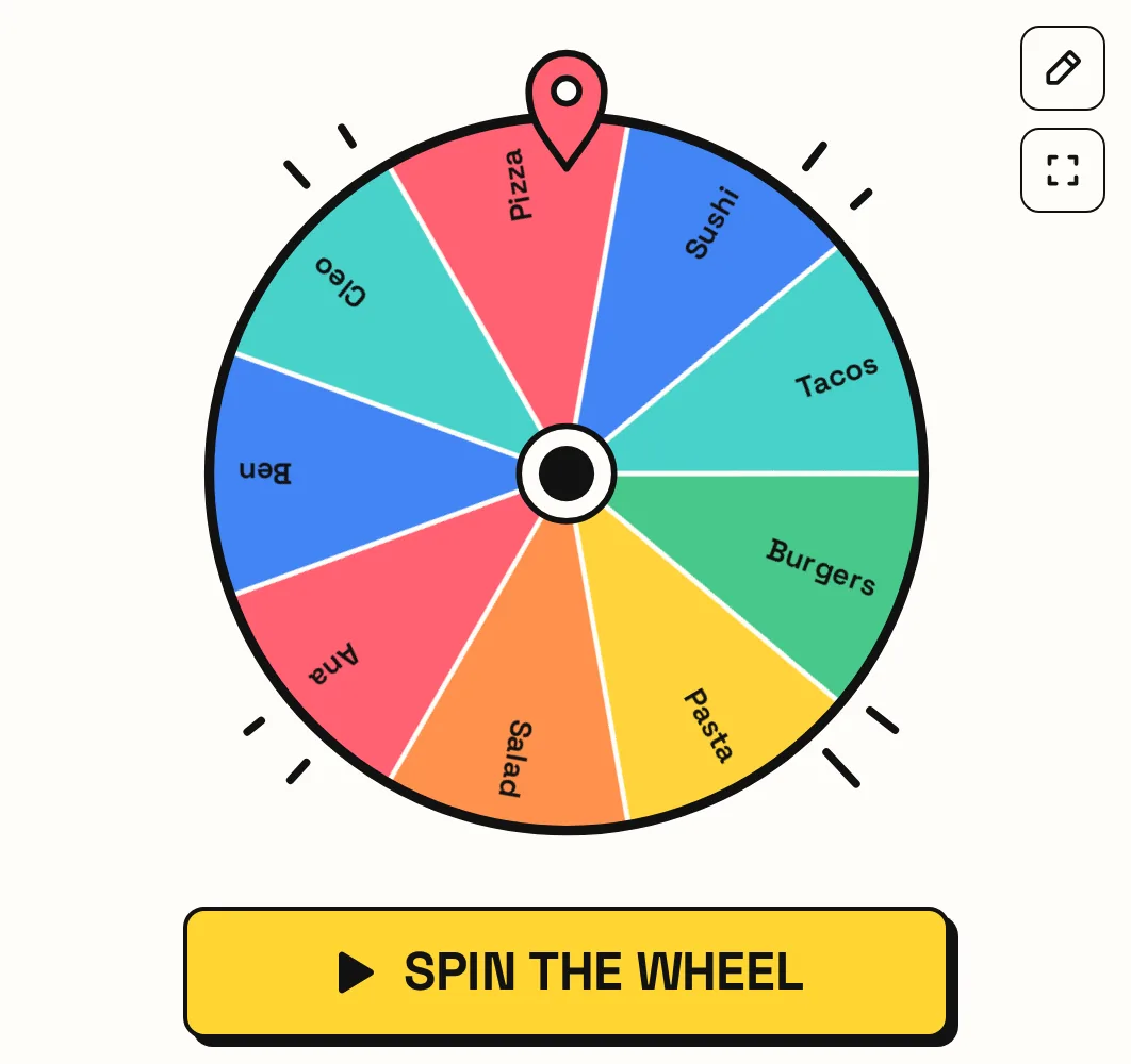 La ruleta quieta con el botón amarillo Girar la ruleta debajo.