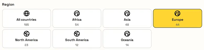 The region tiles with country counts, Europe selected
