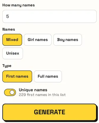 The name settings: how many, Mixed/Girl/Boy/Unisex, first or full names, Unique names
