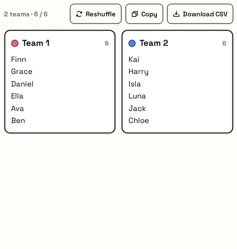Dos equipos de seis con Volver a mezclar, Copiar y Descargar CSV