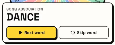 Una tarjeta del juego con una palabra, Siguiente palabra y Saltar palabra